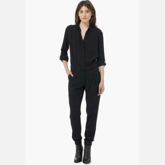 VINCE Button Front Jumpsuit Boilersuit Relaxed Roll Tab Sleeve Chic Trendy Black - Picture 15 of 15